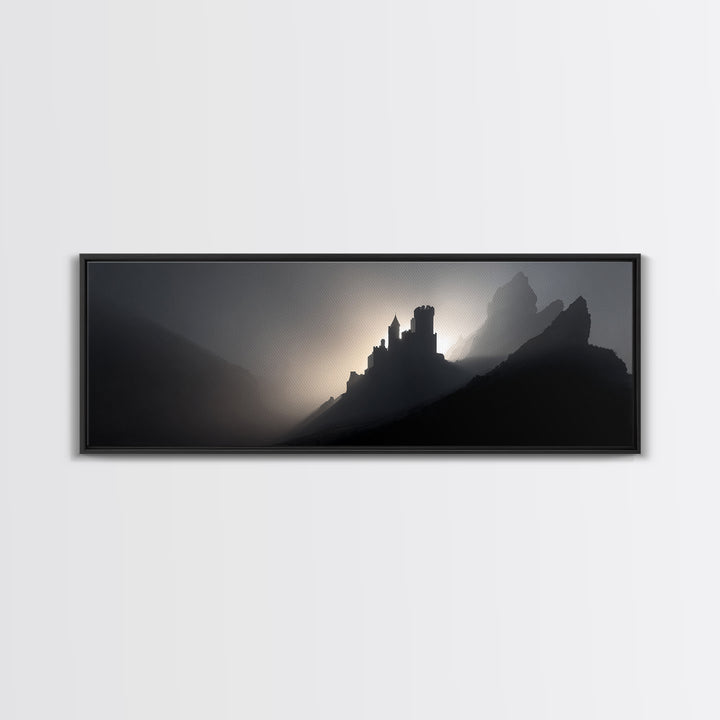 Stormy Castle Silhouette on Jagged Cliffs Canvas Print, Gothic Art, Boho Decor, Living Room Decor, Abstract Art, Gothic, GOT-3x1-22
