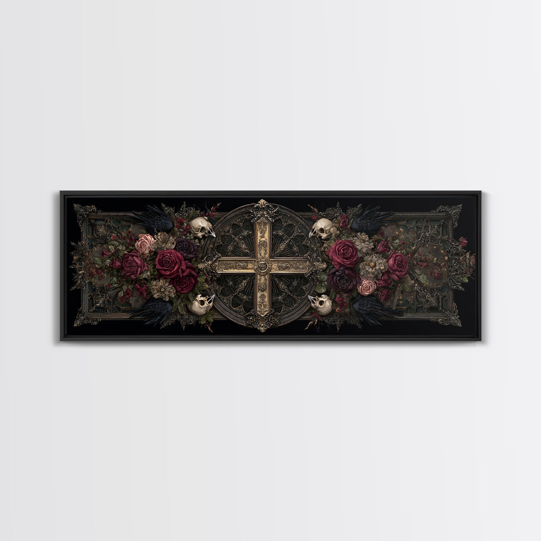 Ornate Cross and Roses Dramatic Still Life Framed Canvas Print, Gothic Art, Halloween Decor, Living Room Decor, Gothic, GOT-3x1-84