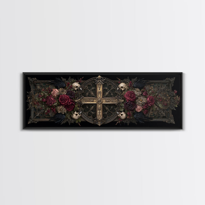 Ornate Cross and Roses Dramatic Still Life Framed Canvas Print, Gothic Art, Halloween Decor, Living Room Decor, Gothic, GOT-3x1-84
