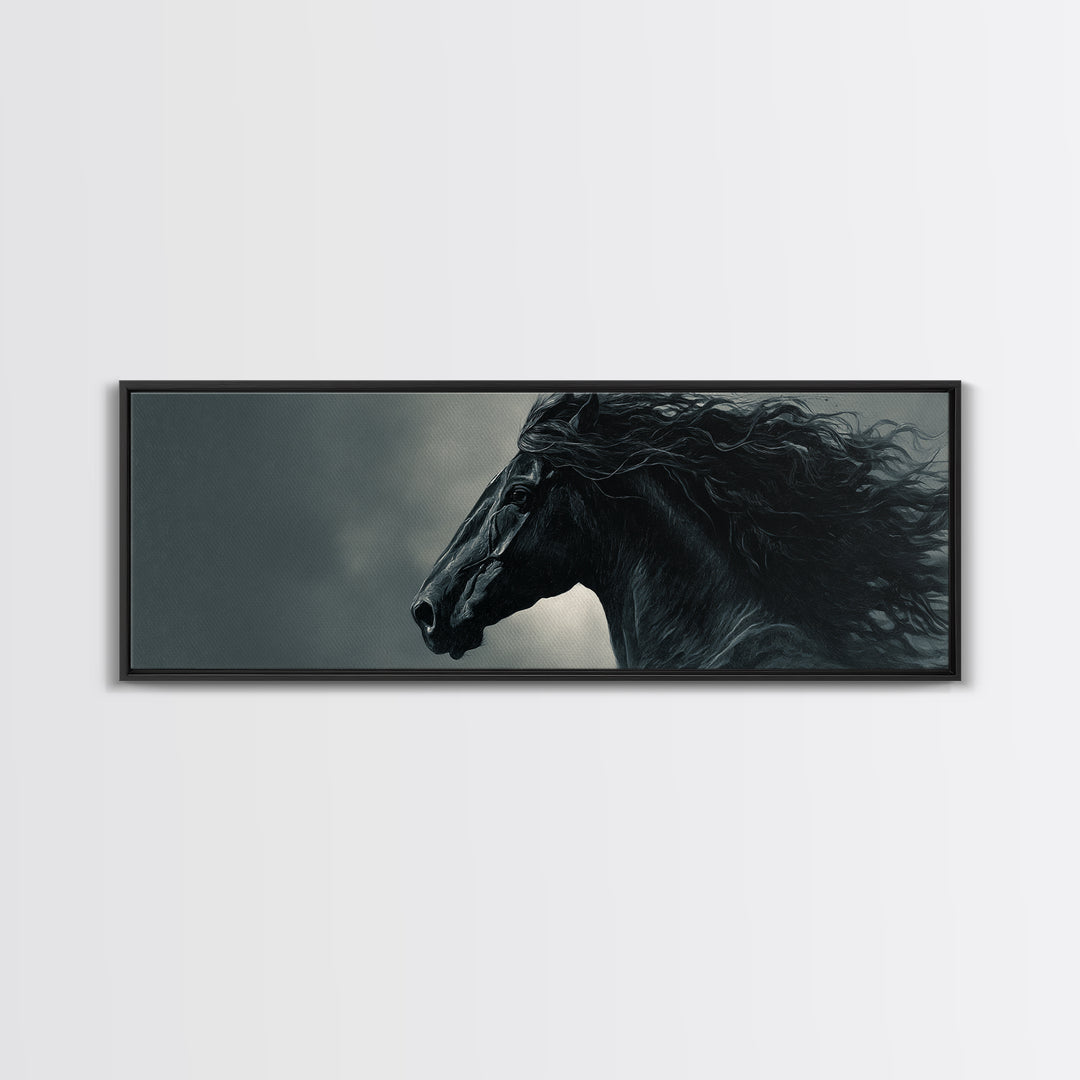 Black Horse with Flowing Mane in Fog Framed Canvas Print, Gothic Art, Gothic Decor, Living Room Decor, Fine Art, Gothic, GOT-3x1-9