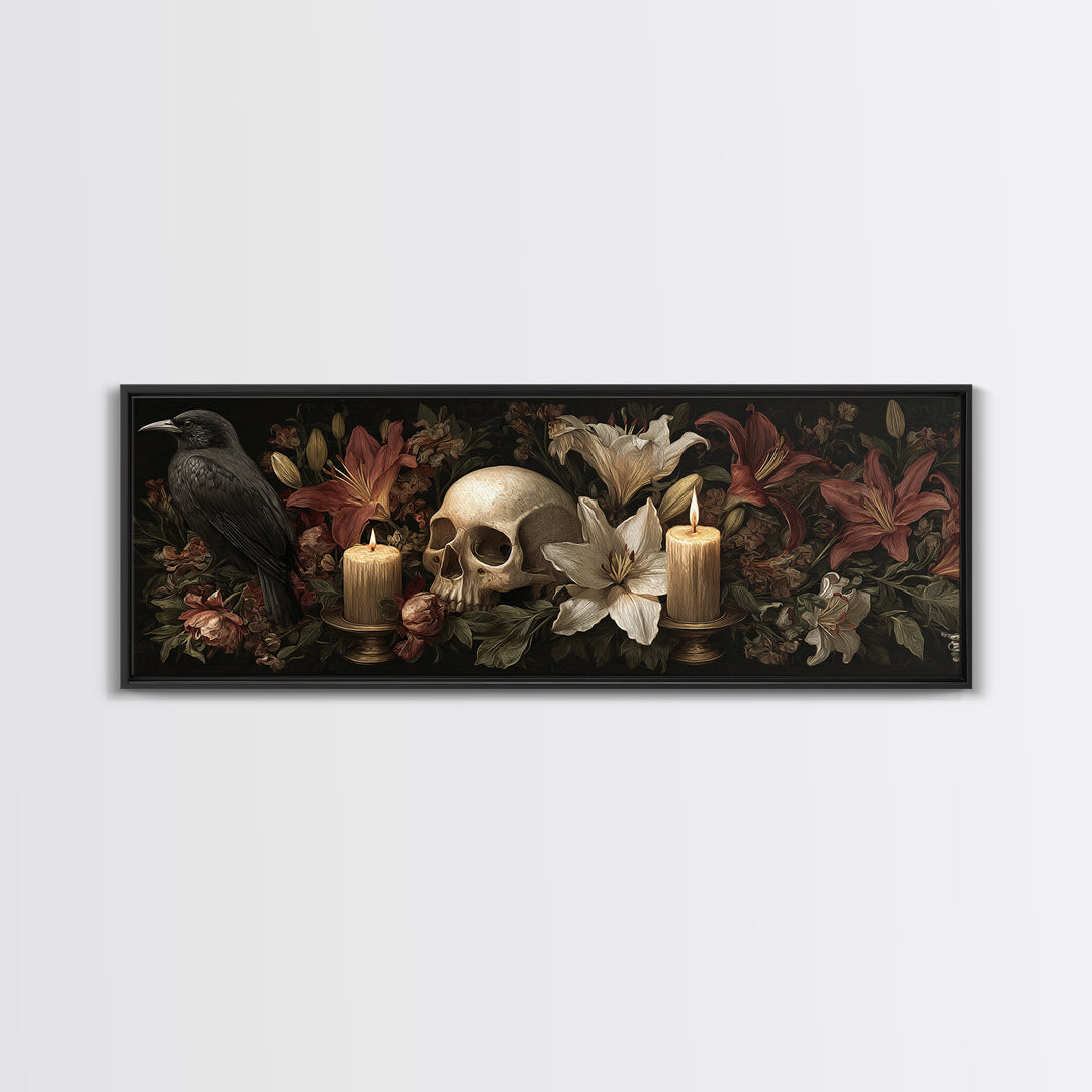 Skull Surrounded by Lilies and Candles Canvas Print, Gothic Art, Witchy Home Decor, Living Room Decor, Fine Art, Gothic, GOT-3x1-93