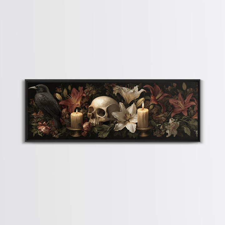 Skull Surrounded by Lilies and Candles Canvas Print, Gothic Art, Witchy Home Decor, Living Room Decor, Fine Art, Gothic, GOT-3x1-93