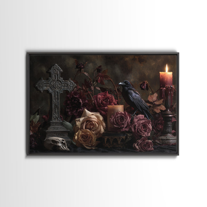 Ornate Cross and Roses Dramatic Still Life Framed Canvas Print, Gothic Art, Printable Art, Living Room Decor, Fine Art, Gothic, GOT-3x2-24