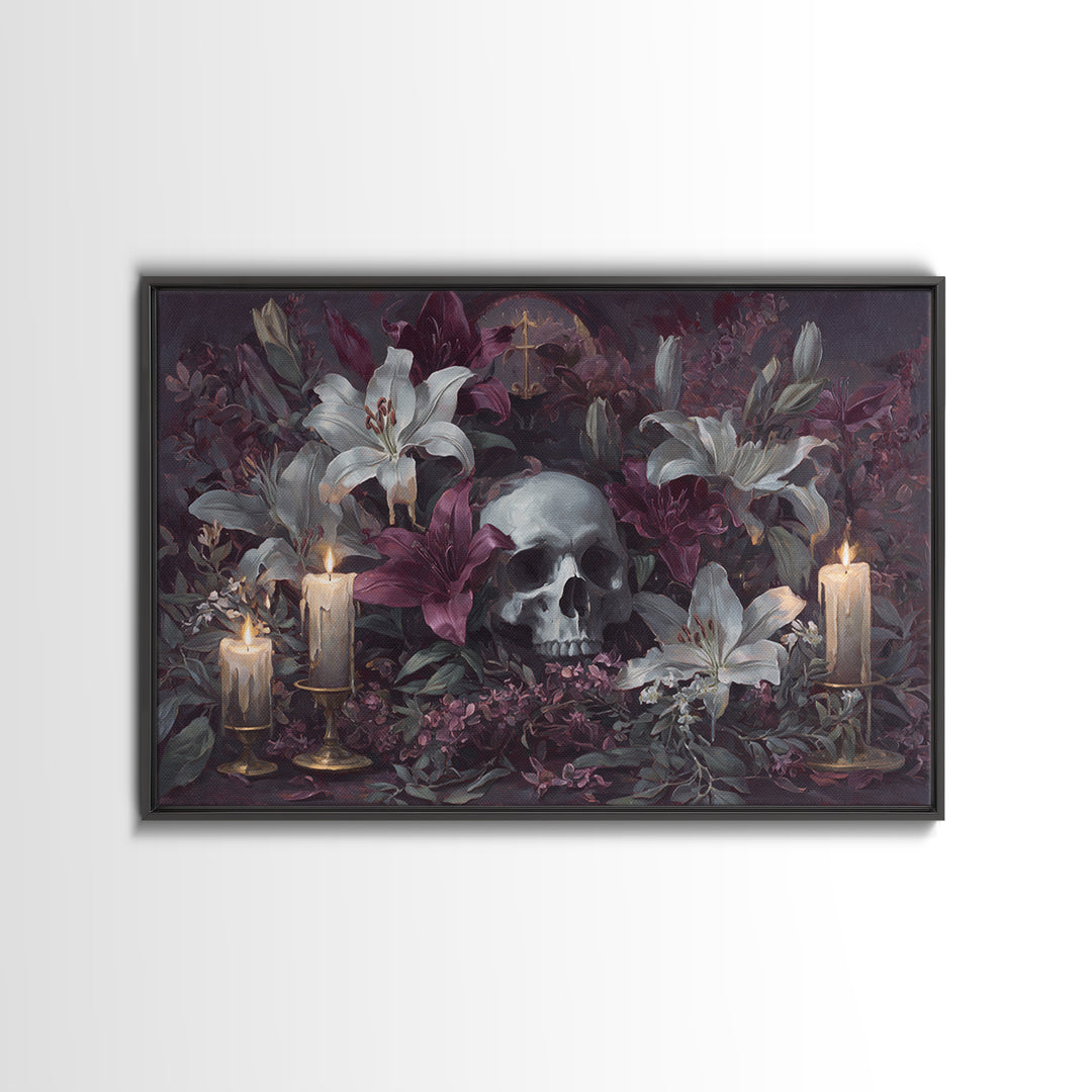 Skull Surrounded by Lilies and Candles Canvas Print, Gothic Art, Halloween Art, Living Room Decor, Gothic, Neutral Decor, GOT-3x2-33