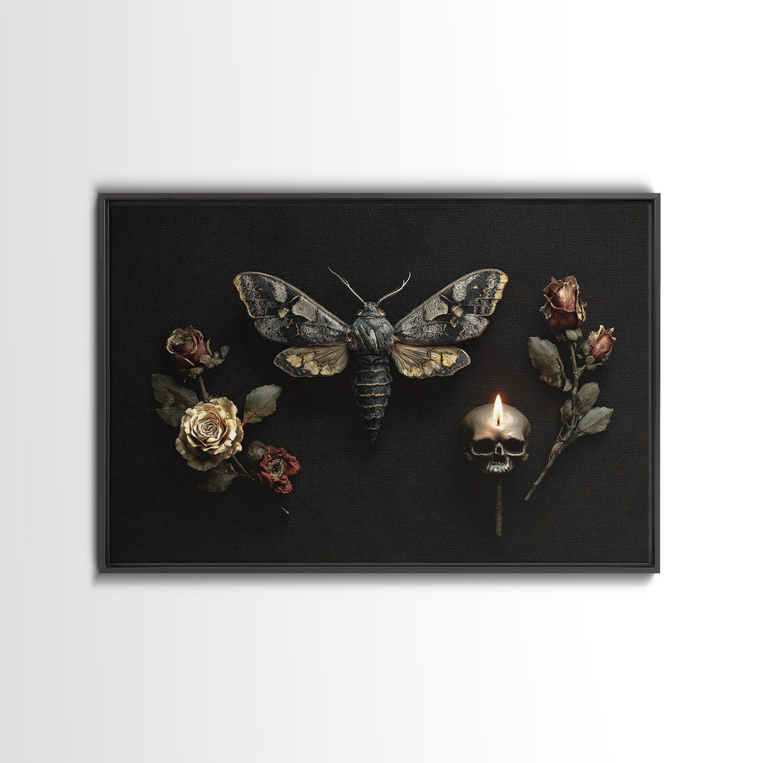 Moth and Skull Composition on Black Velvet Canvas Print, Gothic Art, Black and White Art, Living Room Decor, Abstract Art, GOT-3x2-43