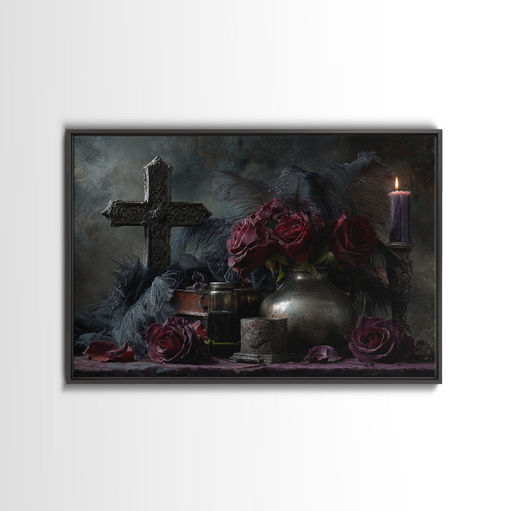 Ornate Cross and Roses Dramatic Still Life Canvas Print, Gothic Art, Living Room Decor, Fine Art, Gothic, Modern Decor, GOT-3x2-48