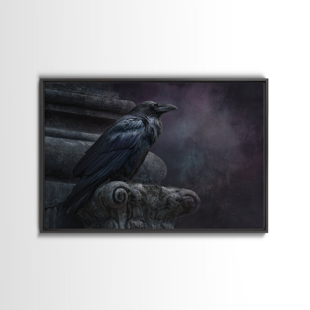 Raven on a Cathedral Gargoyle Framed Canvas Print, Gothic Art, Moody Wall Art, Living Room Decor, Fine Art, Gothic, Wall Decor, GOT-3x2-5