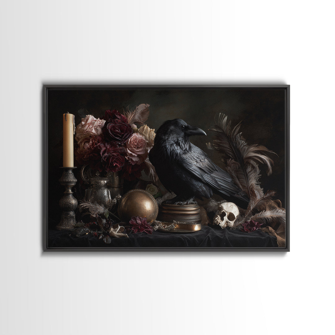 Raven Feathers Arranged Like a Halo Framed Canvas Print, Gothic Art, Printable Art, Living Room Decor, Oil Painting, Gothic, GOT-3x2-50