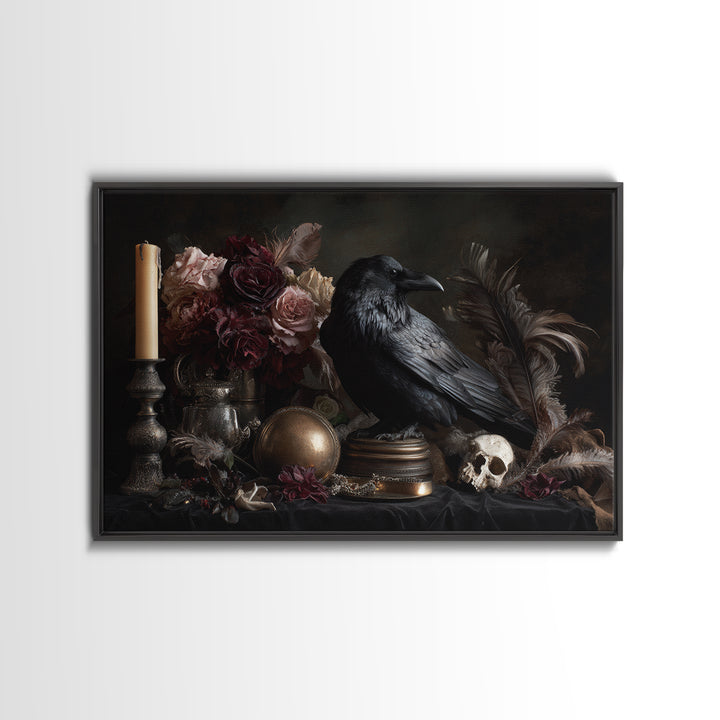 Raven Feathers Arranged Like a Halo Framed Canvas Print, Gothic Art, Printable Art, Living Room Decor, Oil Painting, Gothic, GOT-3x2-50