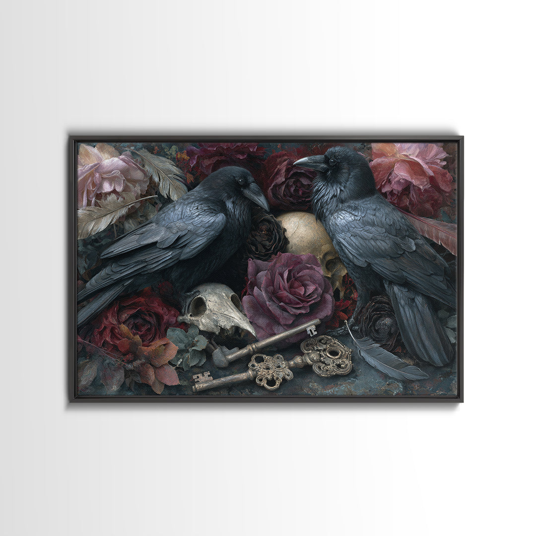 Crow Feathers and Antique Key Still Life Framed Canvas Print, Gothic Art, Gallery Decor, Living Room Decor, Abstract Art, GOT-3x2-64