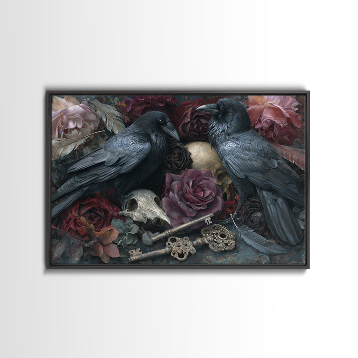 Crow Feathers and Antique Key Still Life Framed Canvas Print, Gothic Art, Gallery Decor, Living Room Decor, Abstract Art, GOT-3x2-64