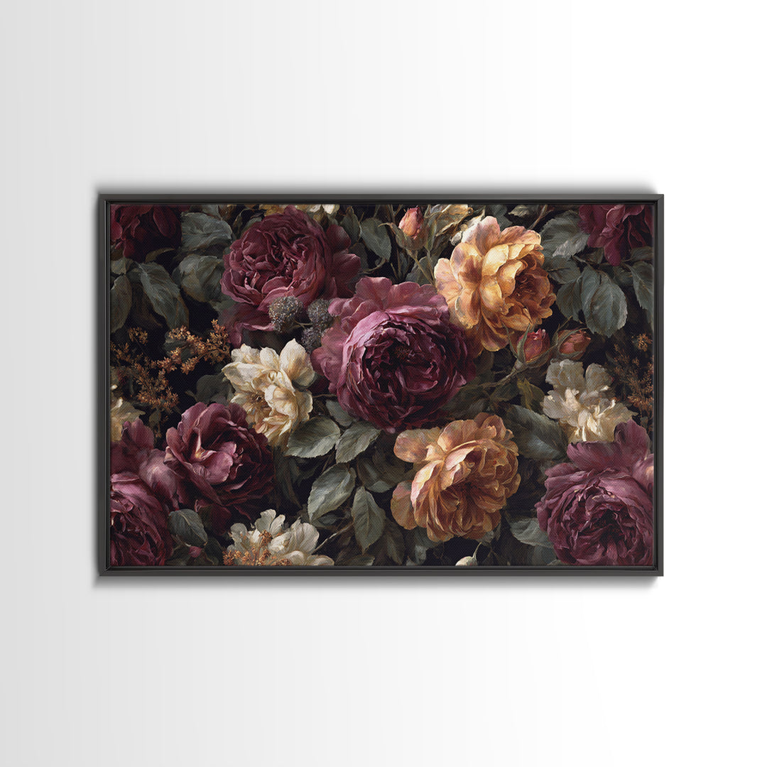 Dark Floral Wallpaper Pattern Framed Canvas Print, Gothic Art, Canvas Painting, Living Room Decor, Gothic, Fine Art Print, GOT-3x2-65