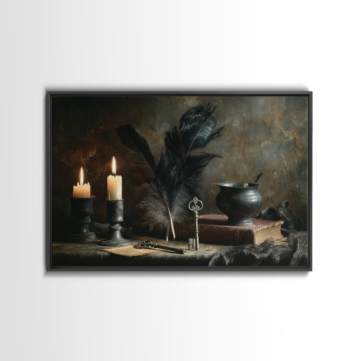 Crow Feathers and Antique Key Still Life Canvas Print, Gothic Art, Boho Decor, Living Room Decor, Fine Art, Gothic, Art Print, GOT-3x2-88