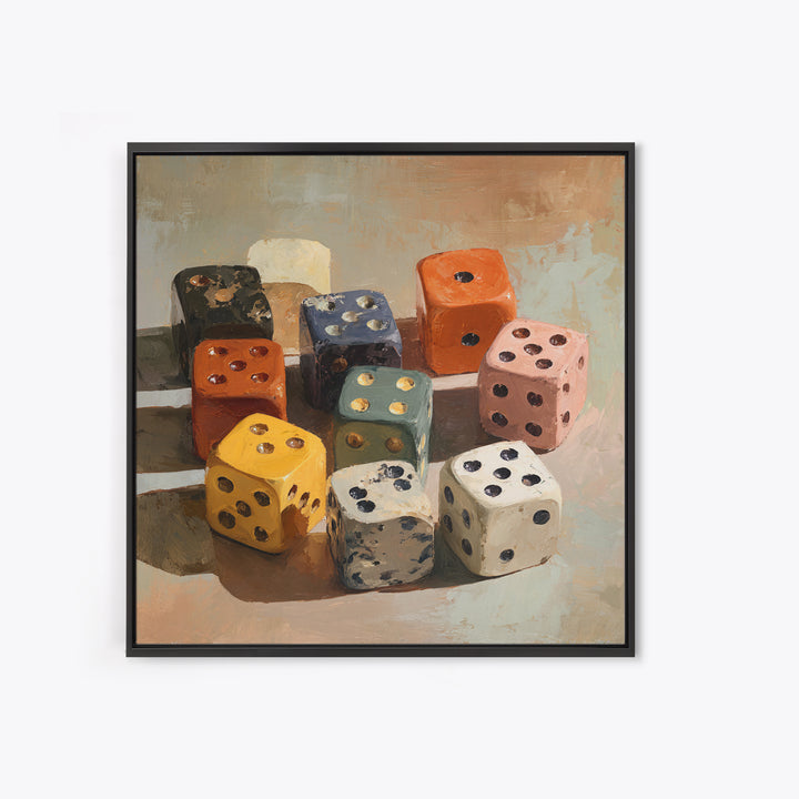 Tabletop Dice Rolling Through Dramatic Light Framed Canvas Print, Game Room Art, Gallery Decor, Game Room Decor, Fine Art, Play, GRA-1x1-41