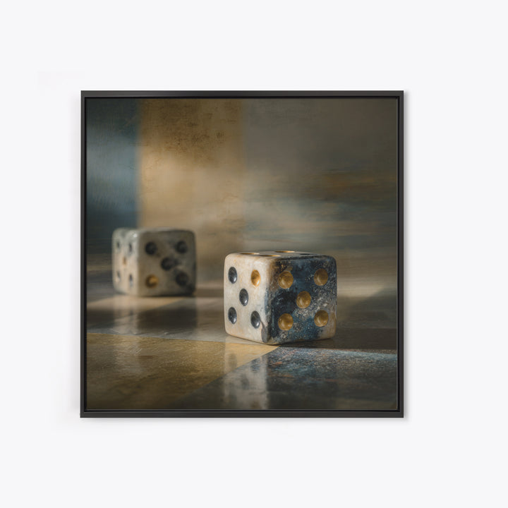 Tabletop Dice Rolling Through Dramatic Light Framed Canvas Print, Game Room Art, Gallery Decor, Game Room Decor, Fine Art, Play, GRA-1x1-65