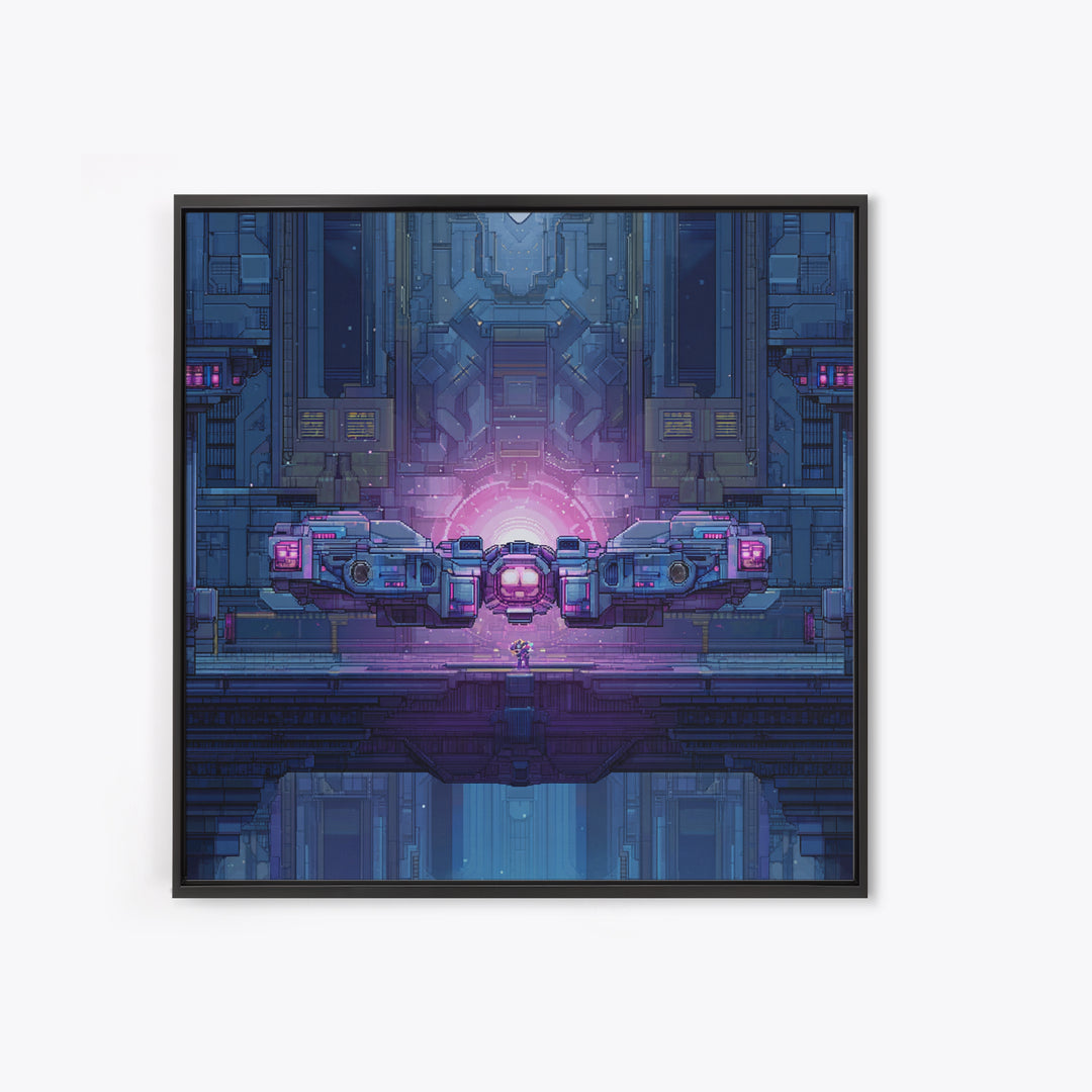 Arcade Spaceship Pixel Art Scene Framed Canvas Print, Game Room Art, Gallery Decor, Game Room Decor, Fine Art, Play, GRA-1x1-67