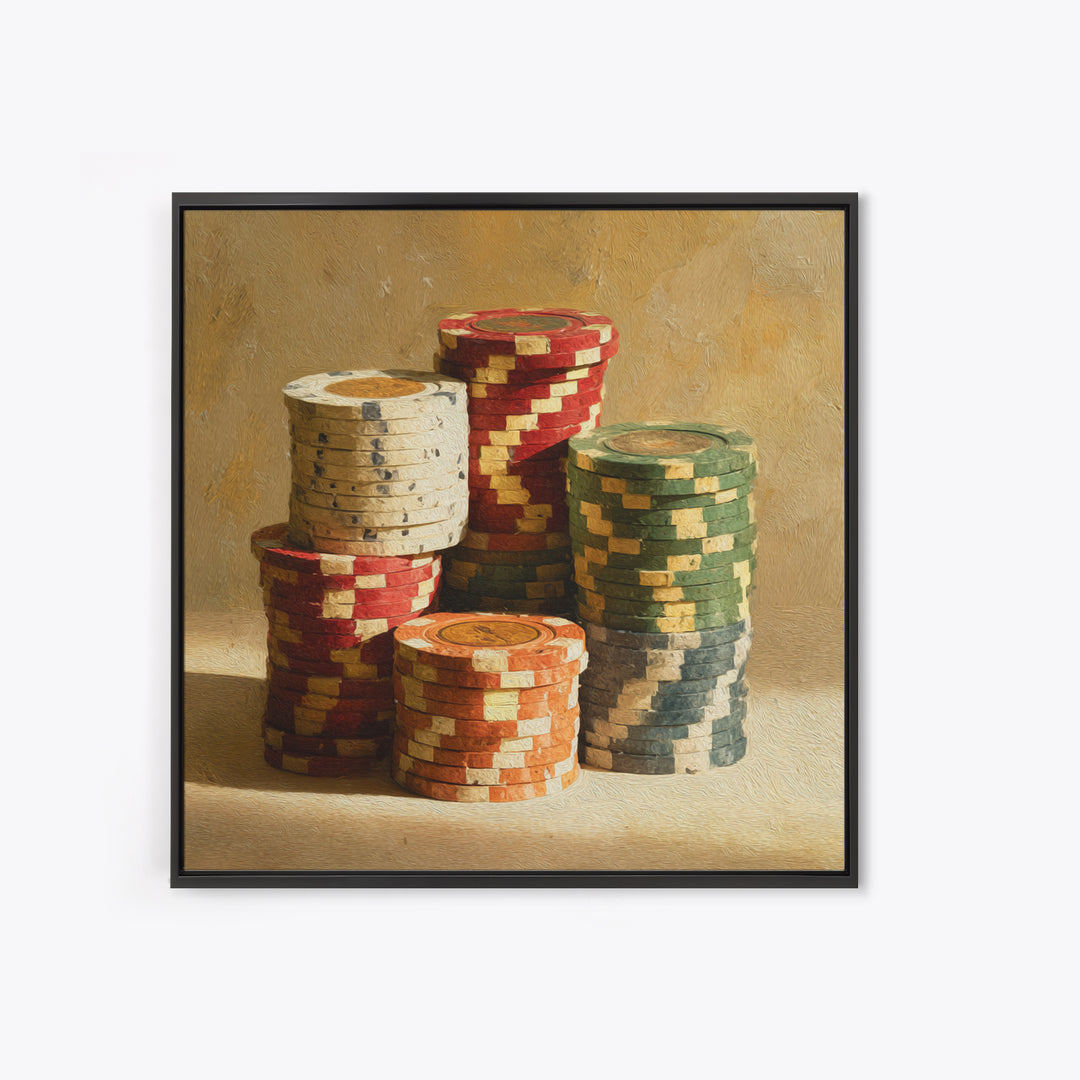 Poker Chips Stacked Like Casino Still Life Framed Canvas Print, Game Room Art, Modern Wall Art, Game Room Decor, Fine Art, Play, GRA-1x1-7