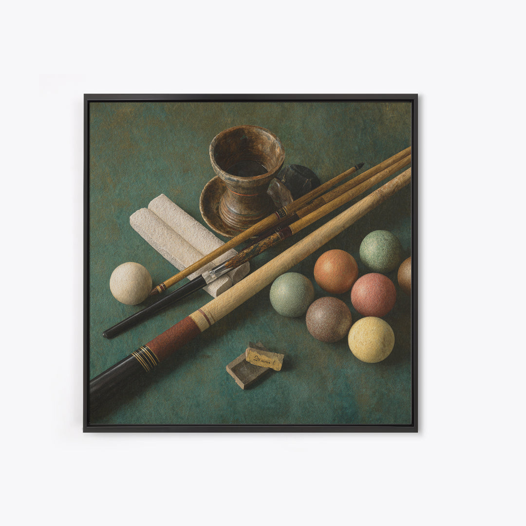 Pool Cue and Chalk on Green Felt Canvas Print, Game Room Art, Neutral Decor, Game Room Decor, Oil Painting, Play, Wall Art, GRA-1x1-82