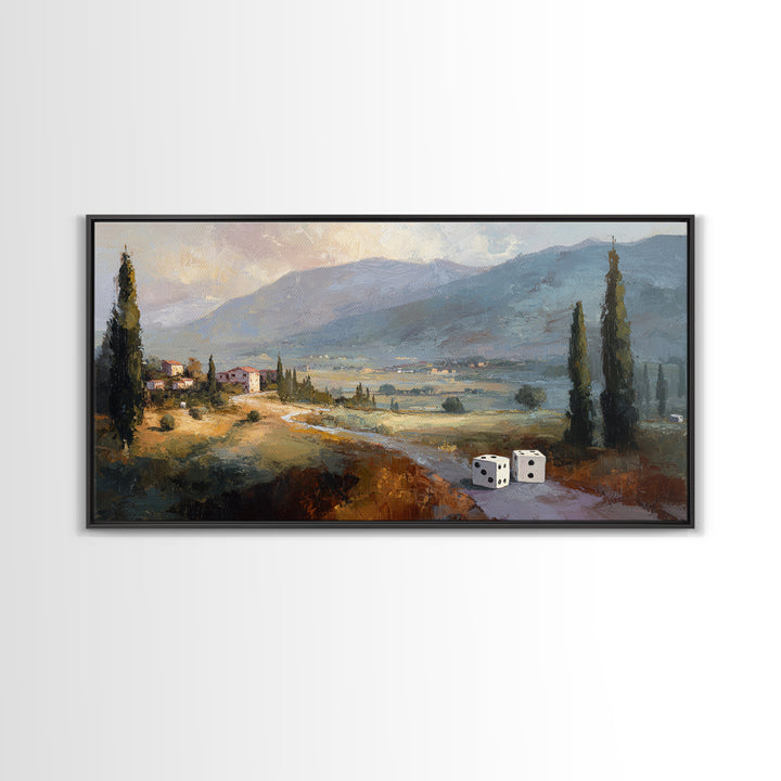 Tabletop Dice Rolling Through Dramatic Light Framed Canvas Print, Game Room Art, Minimalist Decor, Game Room Decor, Play, GRA-2x1-13