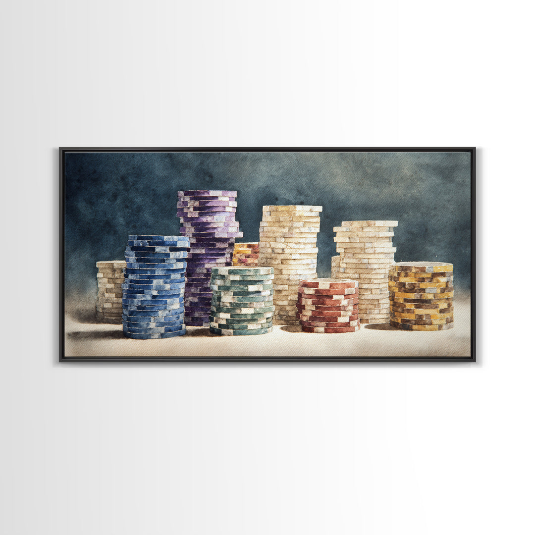 Poker Chips Stacked Like Casino Still Life Framed Canvas Print, Game Room Art, Fine Art Print, Game Room Decor, Oil Painting, GRA-2x1-27