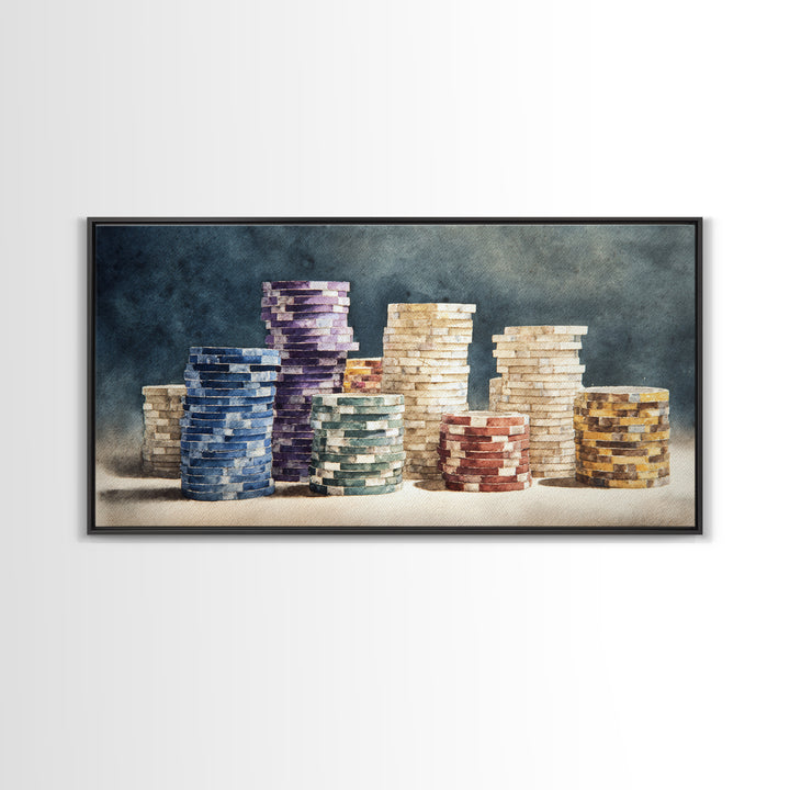 Poker Chips Stacked Like Casino Still Life Framed Canvas Print, Game Room Art, Fine Art Print, Game Room Decor, Oil Painting, GRA-2x1-27