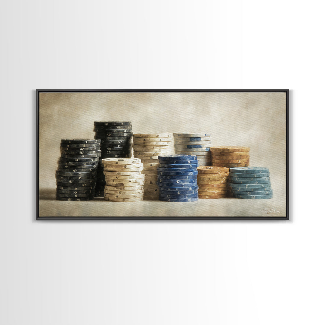 Poker Chips Stacked Like Casino Still Life Framed Canvas Print, Game Room Art, Modern Wall Art, Game Room Decor, Fine Art, Play, GRA-2x1-3