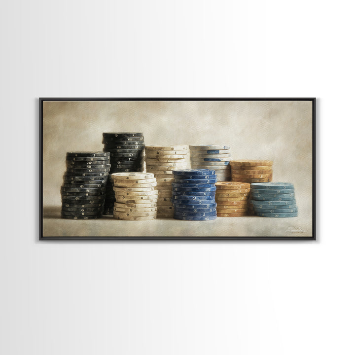 Poker Chips Stacked Like Casino Still Life Framed Canvas Print, Game Room Art, Modern Wall Art, Game Room Decor, Fine Art, Play, GRA-2x1-3