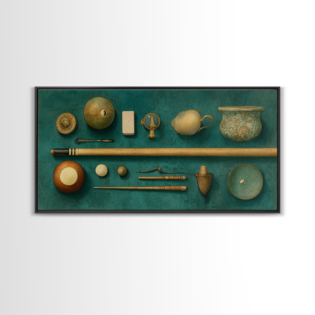 Pool Cue and Chalk on Green Felt Framed Canvas Print, Game Room Art, Luxury Decor, Game Room Decor, Play, Canvas Wall Art, GRA-2x1-30