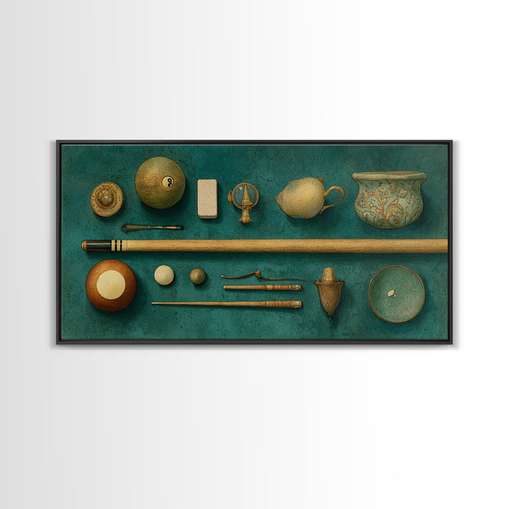 Pool Cue and Chalk on Green Felt Framed Canvas Print, Game Room Art, Luxury Decor, Game Room Decor, Play, Canvas Wall Art, GRA-2x1-30