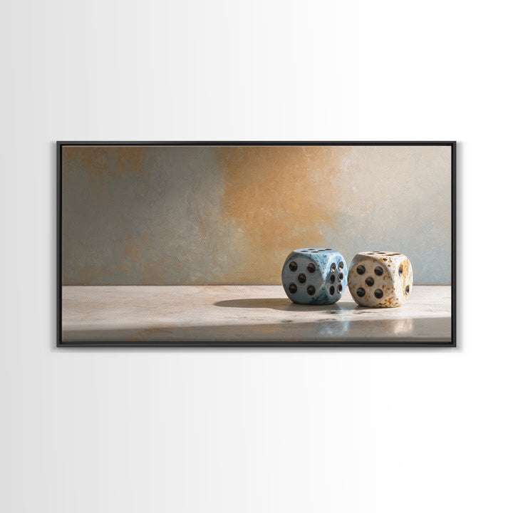 Tabletop Dice Rolling Through Dramatic Light Framed Canvas Print, Game Room Art, Minimalist Decor, Game Room Decor, Play, GRA-2x1-37