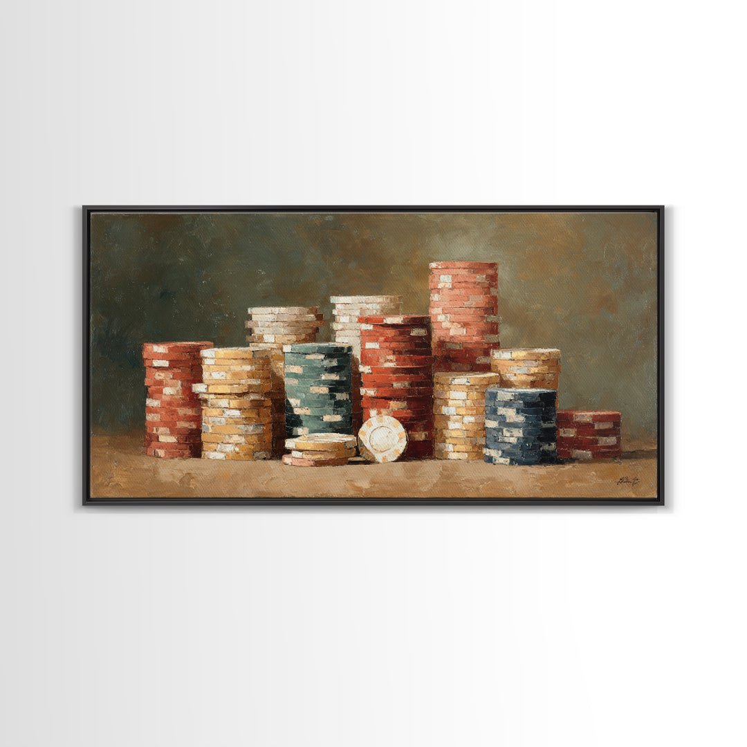 Poker Chips Stacked Like Casino Still Life Framed Canvas Print, Game Room Art, Bedroom Wall Art, Game Room Decor, GRA-2x1-51