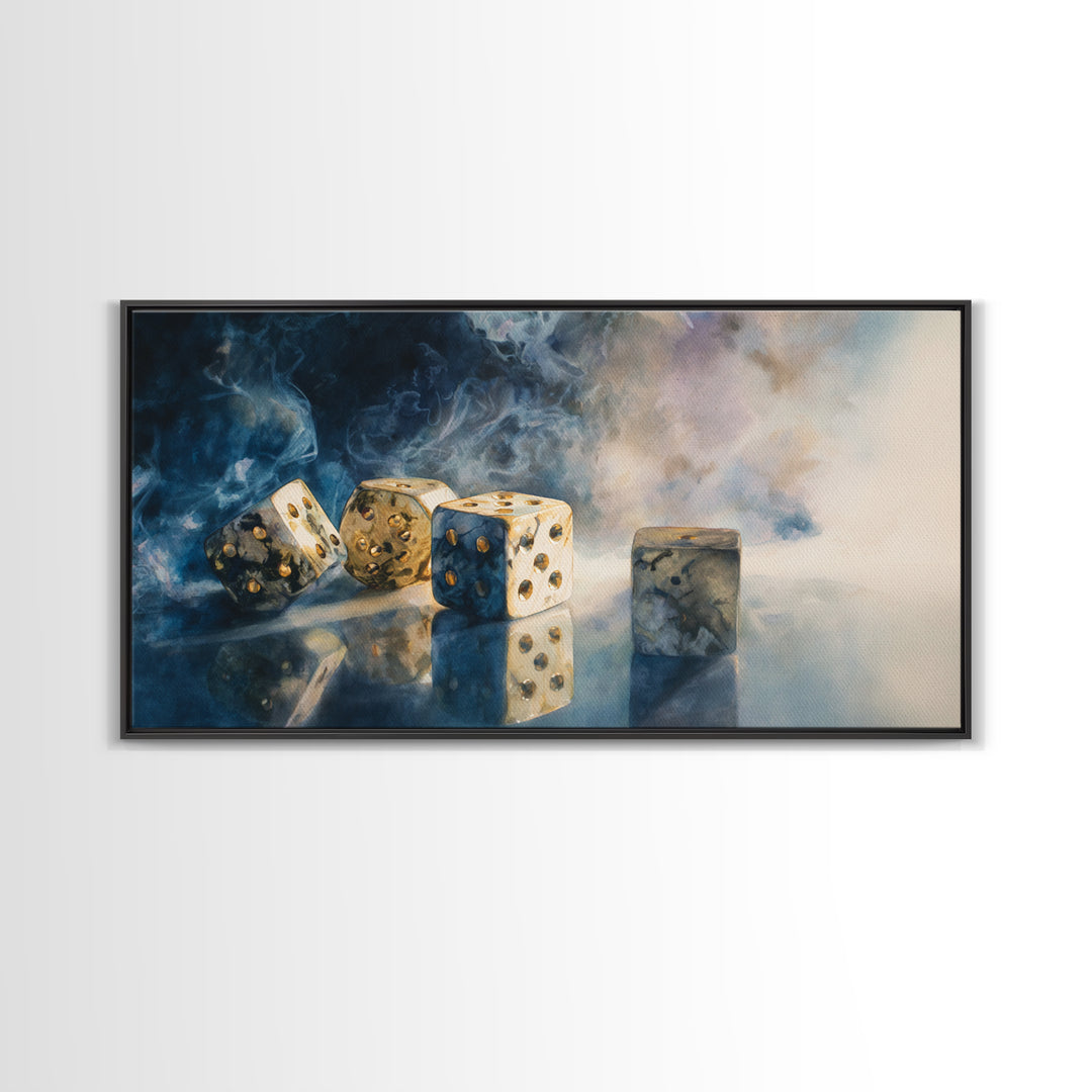 Tabletop Dice Rolling Through Dramatic Light Canvas Print, Game Room Art, Classroom Decor, Game Room Decor, Fine Art, Play, GRA-2x1-61