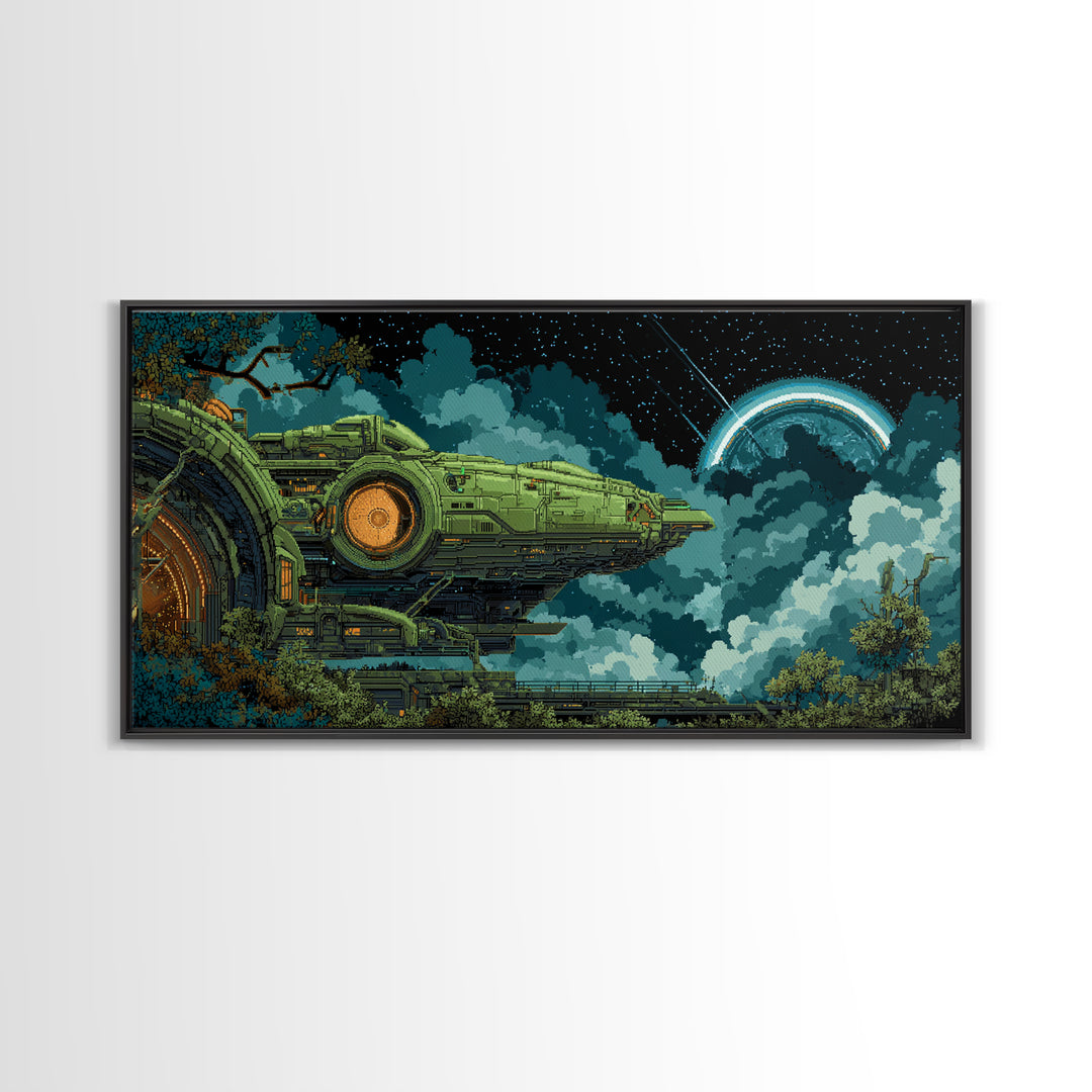 Arcade Spaceship Pixel Art Scene Canvas Print, Game Room Art, African American Art, Game Room Decor, Play, Kids Room Wall Art, GRA-2x1-63