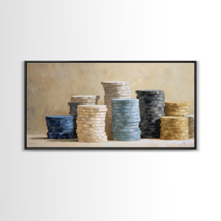 Poker Chips Stacked Like Casino Still Life Framed Canvas Print, Game Room Art, Boho Decor, Game Room Decor, Fine Art, Play, GRA-2x1-75