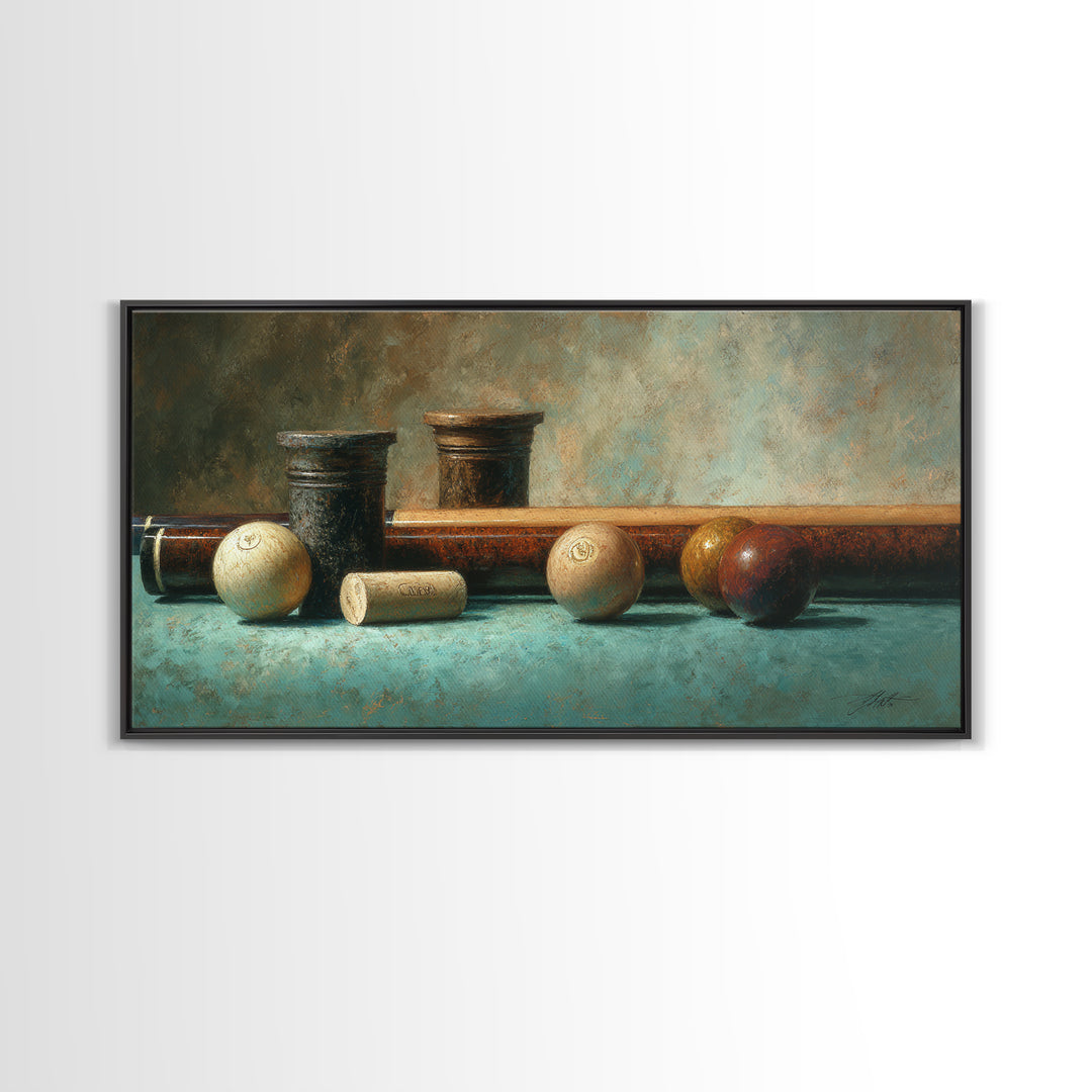 Pool Cue and Chalk on Green Felt Canvas Print, Game Room Art, Contemporary Art, Game Room Decor, Play, Bedroom Wall Art, GRA-2x1-78