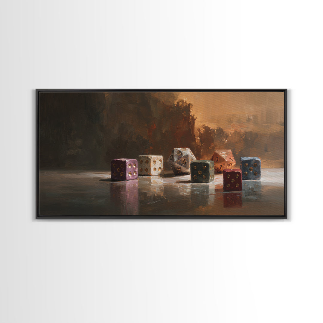 Tabletop Dice Rolling Through Dramatic Light Framed Canvas Print, Game Room Art, Living Room Decor, Game Room Decor, Play, GRA-2x1-85