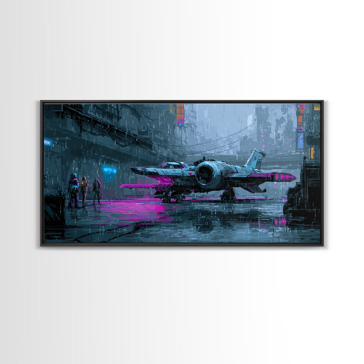Arcade Spaceship Pixel Art Scene Framed Canvas Print, Game Room Art, Pop Art, Game Room Decor, Fine Art, Play, Fine Art Print, GRA-2x1-87