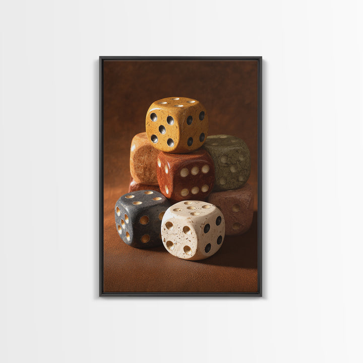 Tabletop Dice Rolling Through Dramatic Light Framed Canvas Print, Game Room Art, Canvas Print, Game Room Decor, Fine Art, Play, GRA-2x3-73