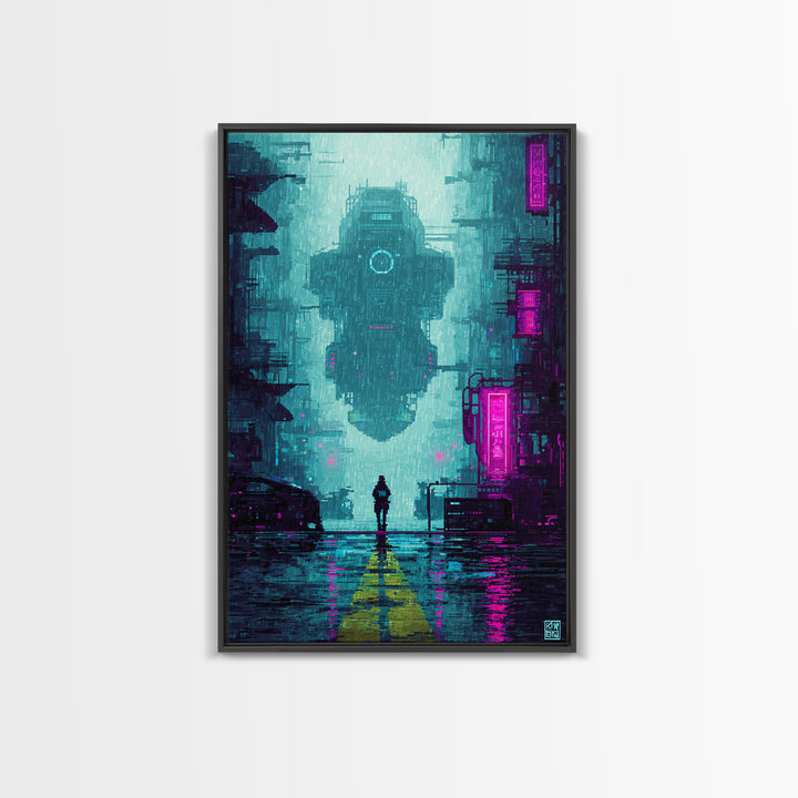 Arcade Spaceship Pixel Art Scene Framed Canvas Print, Game Room Art, Canvas Art, Game Room Decor, Play, Living Room Art, GRA-2x3-75
