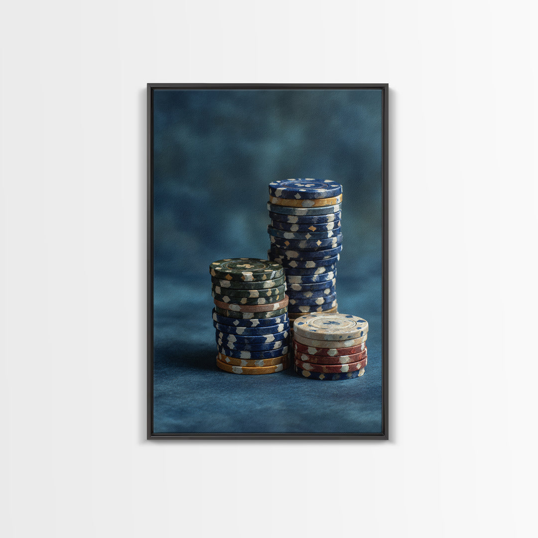 Poker Chips Stacked Like Casino Still Life Framed Canvas Print, Game Room Art, African American Art, Game Room Decor, Play, GRA-2x3-87