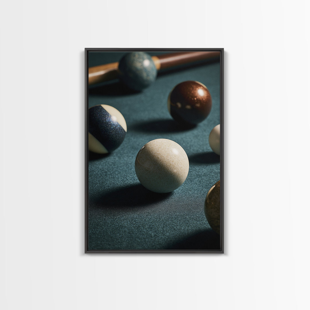 Pool Cue and Chalk on Green Felt Framed Canvas Print, Game Room Art, Canvas Art, Game Room Decor, Play, Living Room Art, GRA-2x3-90