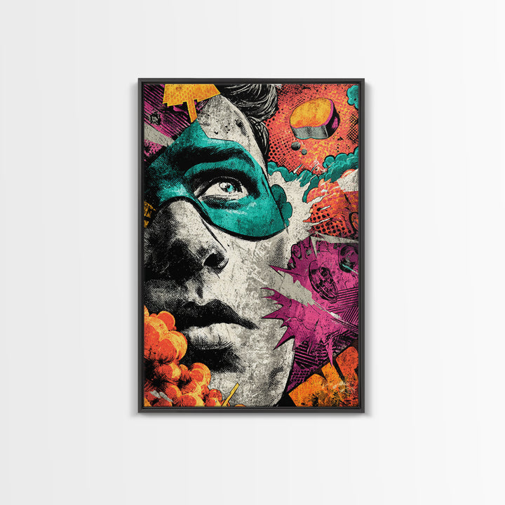 Comic Style Explosion with Game Icons Canvas Print, Game Room Art, Trendy Wall Art, Game Room Decor, Oil Painting, Play, GRA-2x3-95