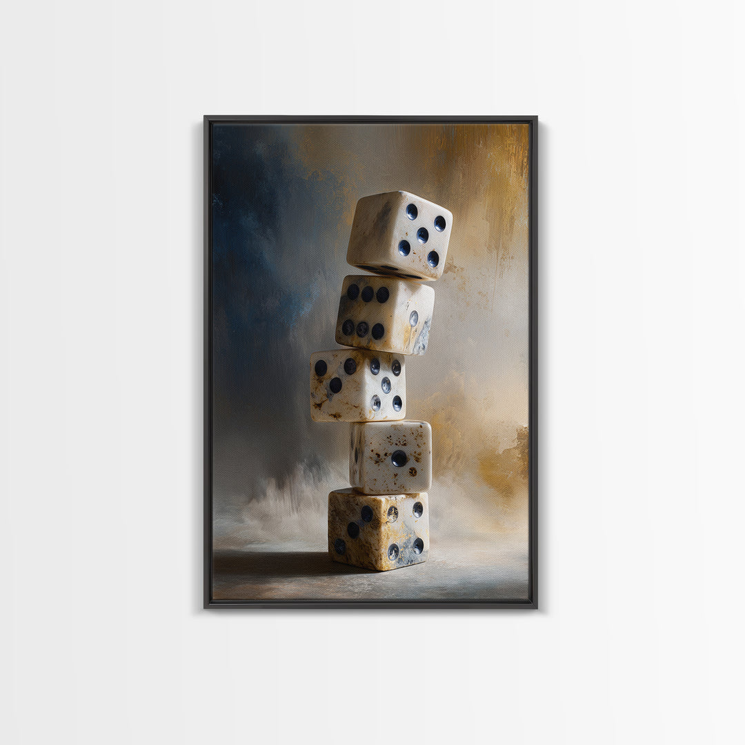 Tabletop Dice Rolling Through Dramatic Light Framed Canvas Print, Game Room Art, Canvas Print, Game Room Decor, Fine Art, Play, GRA-2x3-97