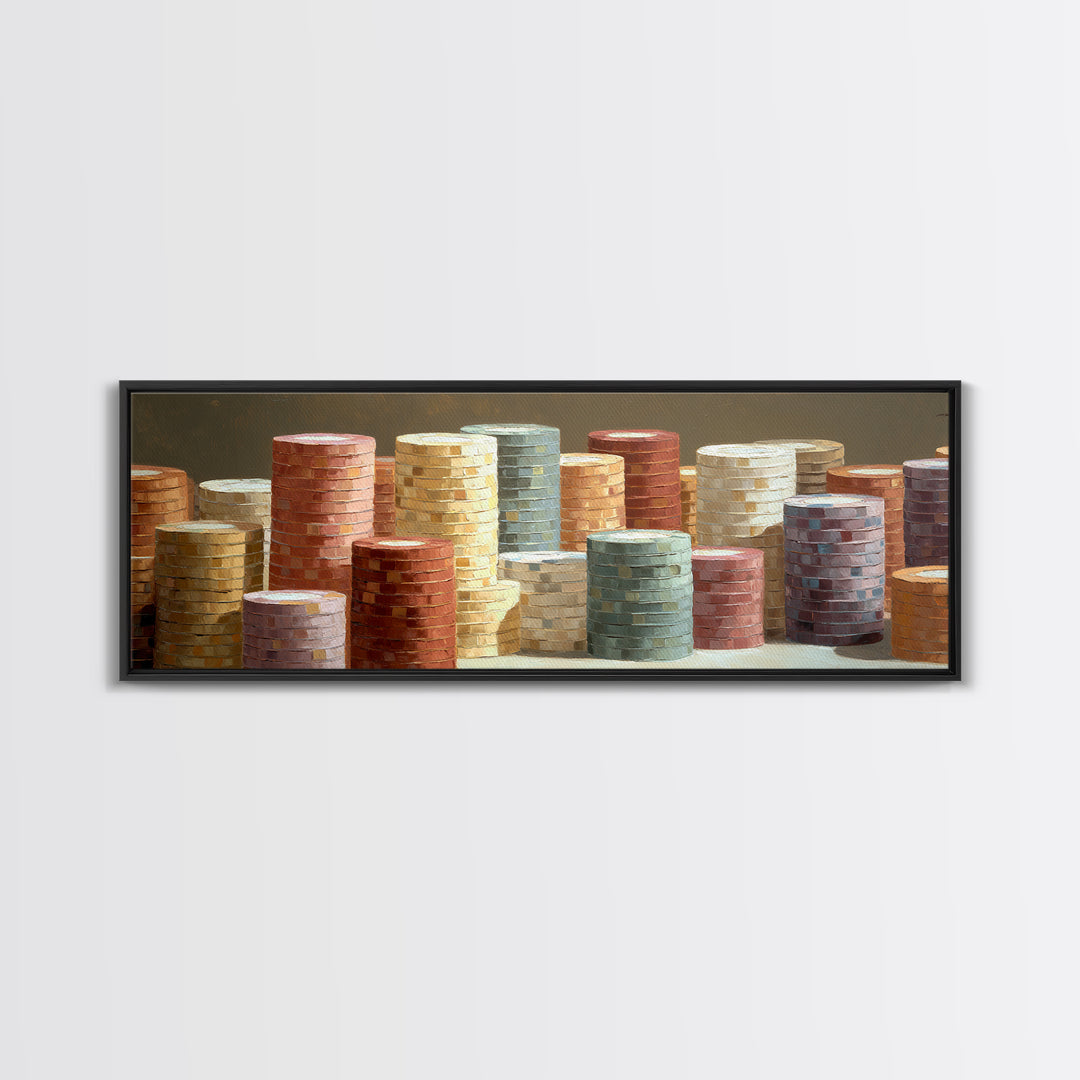 Poker Chips Stacked Like Casino Still Life Framed Canvas Print, Game Room Art, Boho Decor, Game Room Decor, Fine Art, Play, GRA-3x1-23