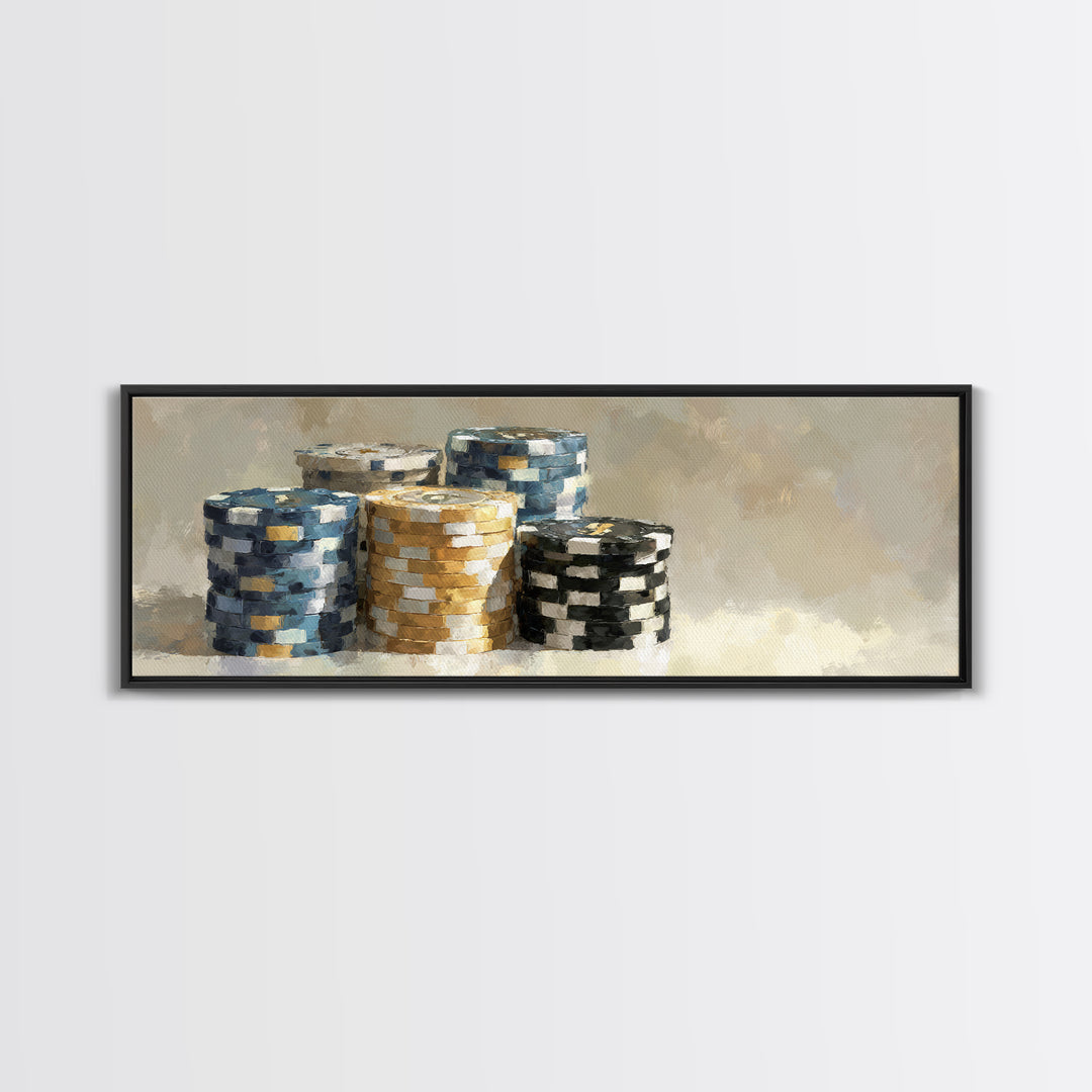 Poker Chips Stacked Like Casino Still Life Framed Canvas Print, Game Room Art, Game Room Decor, Oil Painting, Play, GRA-3x1-47