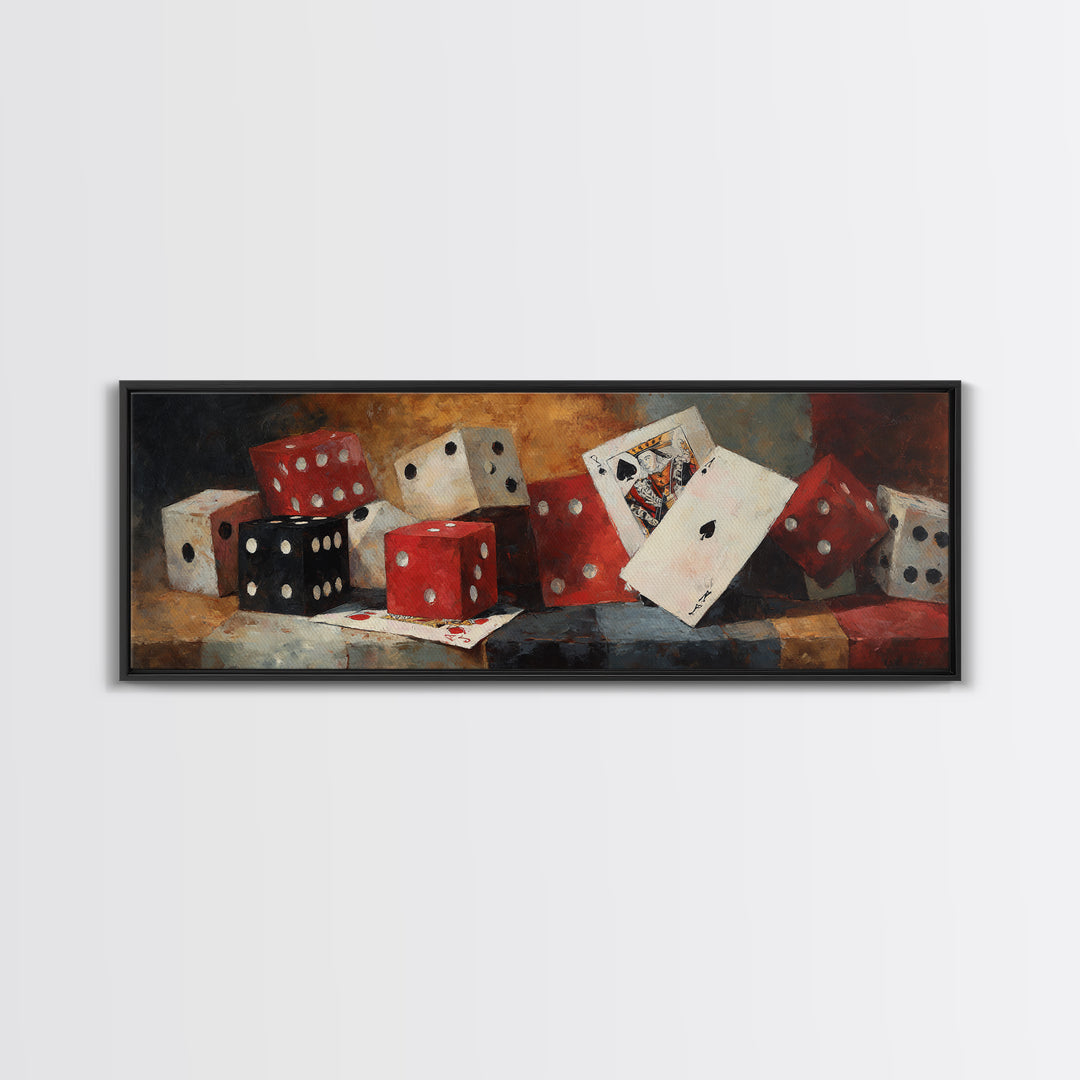 Playing Cards and Dice Framed Canvas Print, Game Room Art, Black Art, Game Room Decor, Abstract Art, Play, Playroom Art, GRA-3x1-67