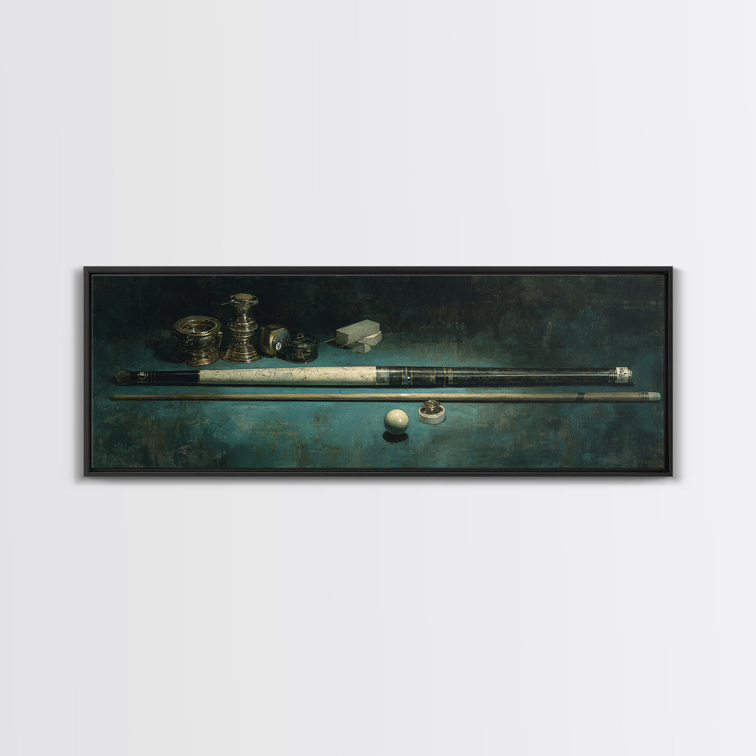 Pool Cue and Chalk on Green Felt Framed Canvas Print, Game Room Art, Black Woman Art, Game Room Decor, Oil Painting, Play, GRA-3x1-74