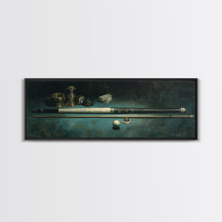 Pool Cue and Chalk on Green Felt Framed Canvas Print, Game Room Art, Black Woman Art, Game Room Decor, Oil Painting, Play, GRA-3x1-74