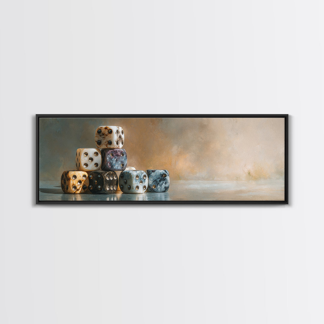 Tabletop Dice Rolling Through Dramatic Light Framed Canvas Print, Game Room Art, Living Room Decor, Game Room Decor, Play, GRA-3x1-9