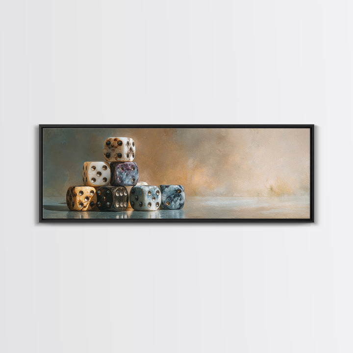 Tabletop Dice Rolling Through Dramatic Light Framed Canvas Print, Game Room Art, Living Room Decor, Game Room Decor, Play, GRA-3x1-9